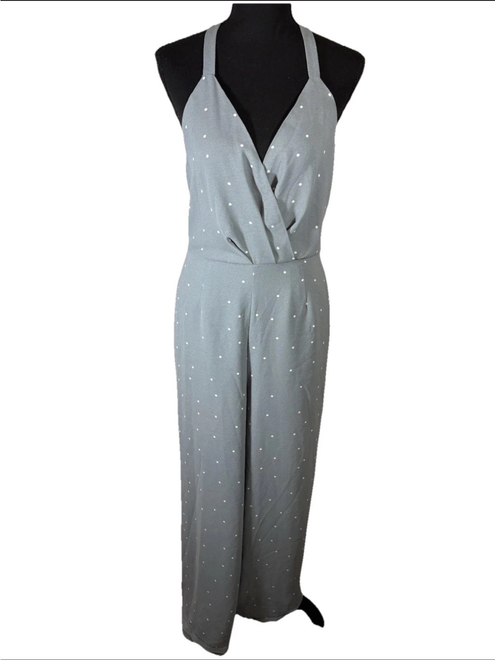 Lulus Ravina Jumpsuit Medium Slate Blue White Polka Dot Halter Wide Leg Pockets